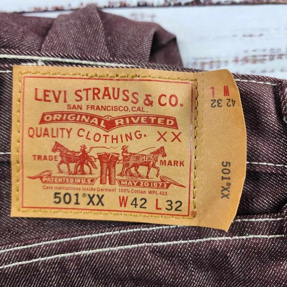 Levis 501 XX Shrink To Fit Jeans Mens 42x32 Burgundy Denim Button Fly NWT